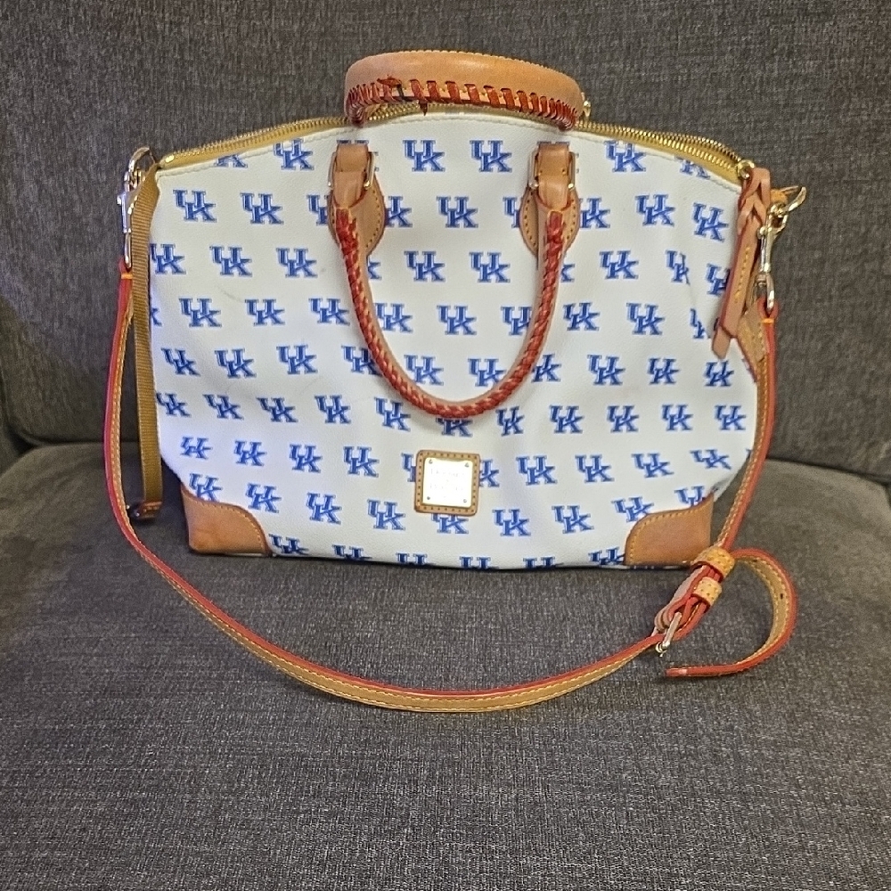 Dooney & Bourke White and Brown Satchel with Blue Logo